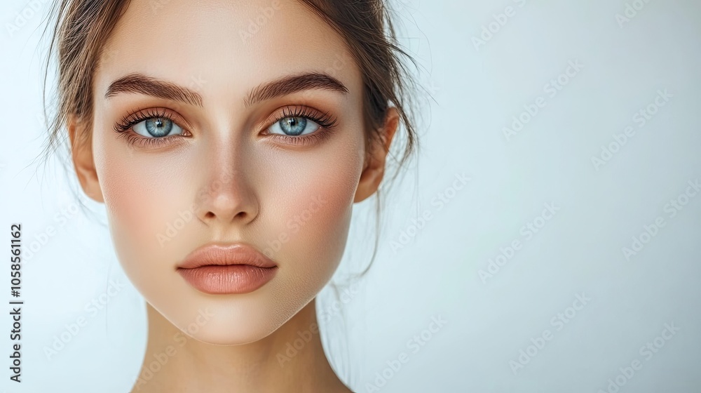 Naklejka premium Portrait of a young beautiful woman with clean, fresh skin against a white background, highlighting her natural beauty and radiance. Ideal for beauty and skincare concepts.