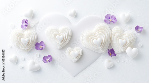 Delicate white soft sculptures in the shape of hearts, artistically displayed on a pristine white heart background, creating a serene and inviting atmosphere filled with love and softness