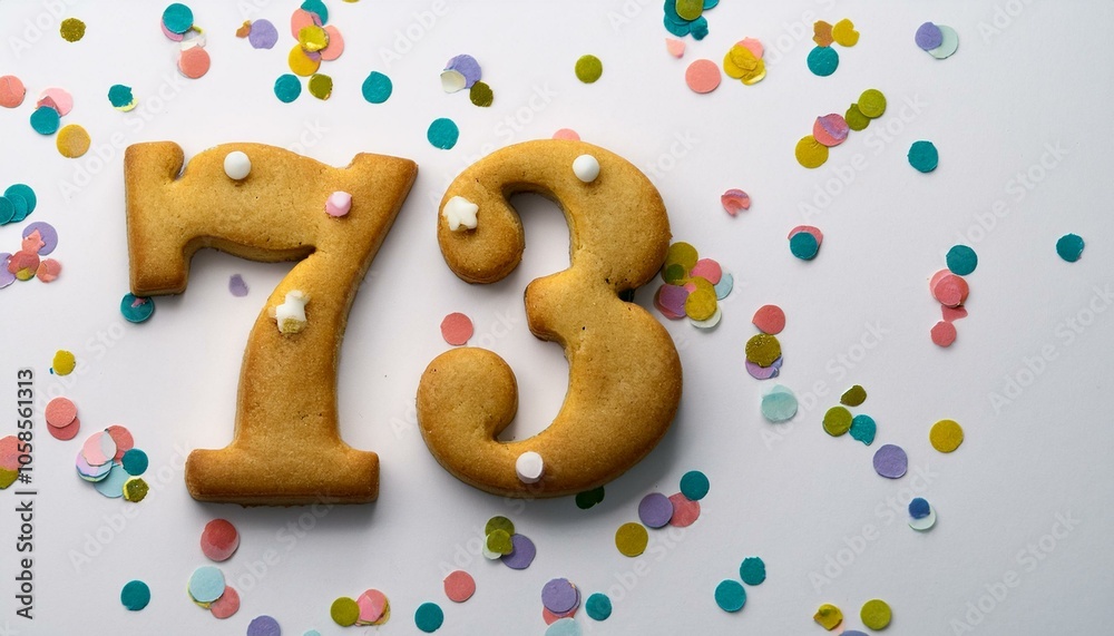Decorated cookie, number 73, image for birthday or anniversary celebration Decorated cookie, number 73, image for birthday or anniversary celebration