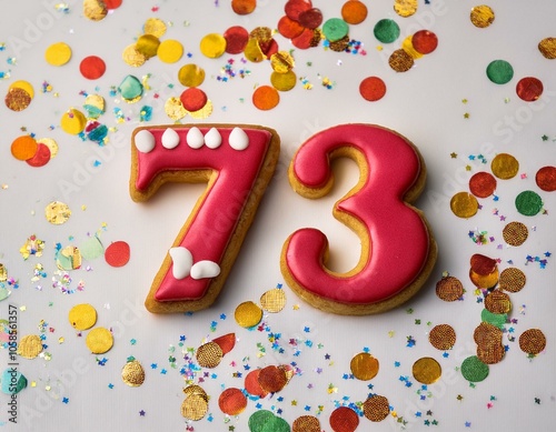 Decorated cookie, number 73, image for birthday or anniversary celebration photo