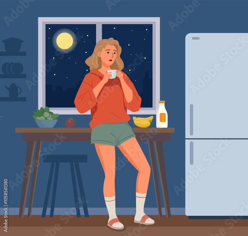 Eating at Night. This vector image, drawn in a flat style, shows a person in a kitchen at night, drinking from a cup of tea