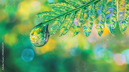 A Single Raindrop Hanging From a Fern Leaf