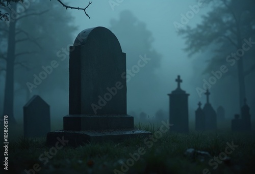 Close-up view of a nameless tombstone in a dark foggy graveyard