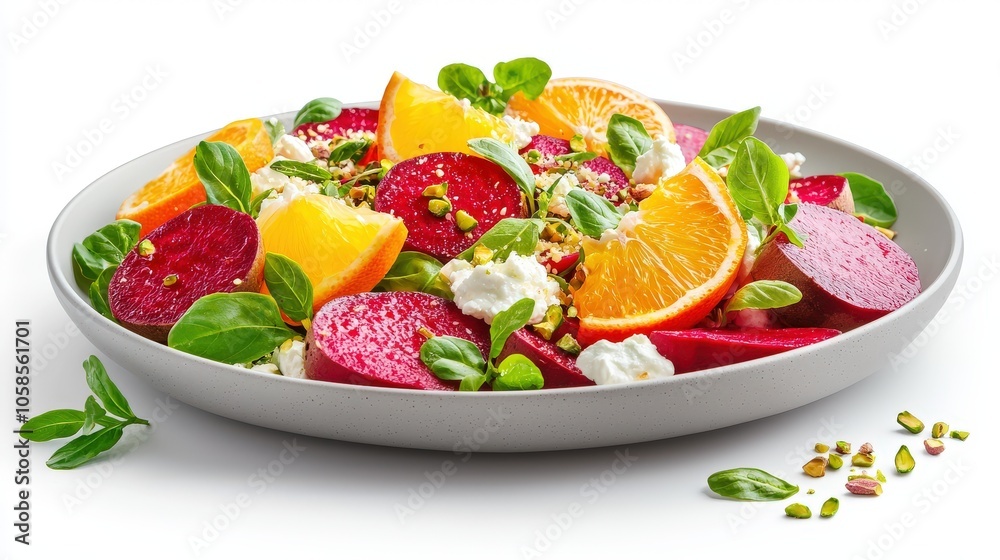 Vibrant plate of roasted beet salad with goat cheese, citrus segments, and pistachio crumbs, styled on a white background Vibrant plate of roasted beet salad with goat cheese, citrus segments, and pistachio crumbs, styled on a white background
