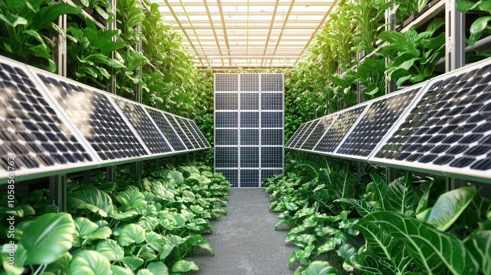 Fototapeta premium Futuristic Vertical Farming Concept with Solar Panels in Sustainable Cityscape - 3D Illustration