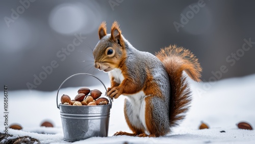 Cute squirrel with a bucket of nuts in winter snow, perfect for nature and wildlife themes with a seasonal touch. photo