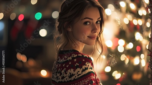 Young woman in a Christmas sweater, captured in a portrait style with ample copy space for text, highlights the festive spirit and cozy holiday atmosphere. photo