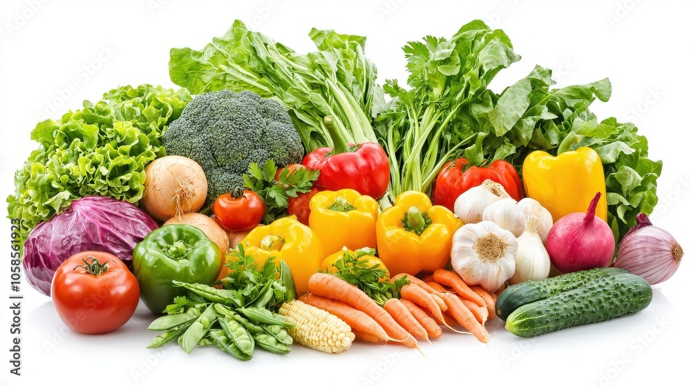 Artistic composition of colorful vegetables arranged on a white background, perfect for highlighting natural, fresh food ingredients Artistic composition of colorful vegetables arranged on a white background, perfect for highlighting natural, fresh food ingredients