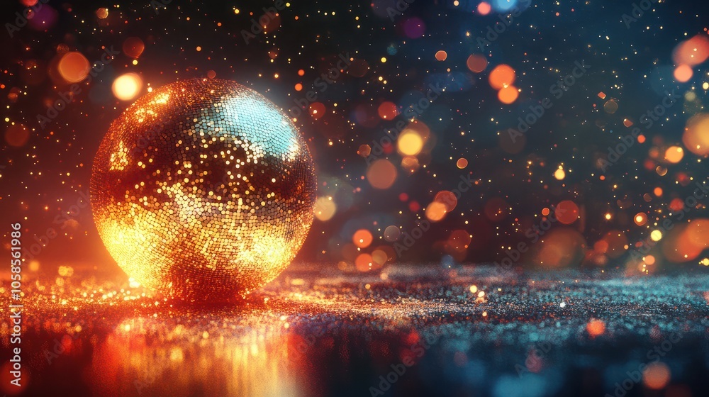 Naklejka premium Golden Shiny disco ball with lights on shiny glowing abstract background, with copy space. Generative AI