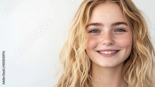 Close-up portrait of a cheerful young woman with blonde hair on a clean white background, capturing a joyful expression and an inviting vibe, perfect for various uses with copy space.