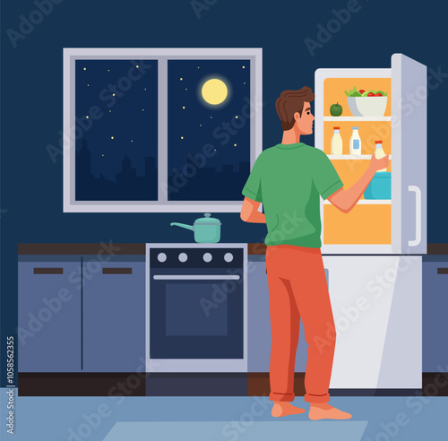 Eating at Night. Flat style vector illustration depicts a person in a nighttime kitchen