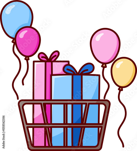 cute gift boxes with baloon Vector Illustration Icon. Flat Cartoon Style