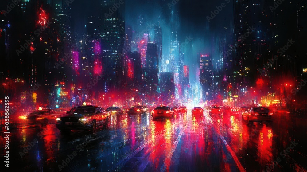 Obraz premium abstract cityscape at night with streaks of colorful highway lights, blending motion and stillness, creating a vibrant, energetic atmosphere filled with life and urban excitement