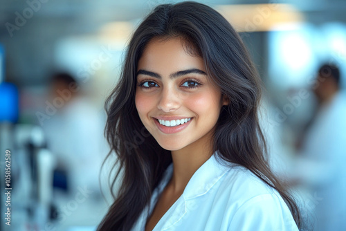 Confident Indian Female Doctor in Modern Hospital Corridor with Warm Smile and Stethoscope