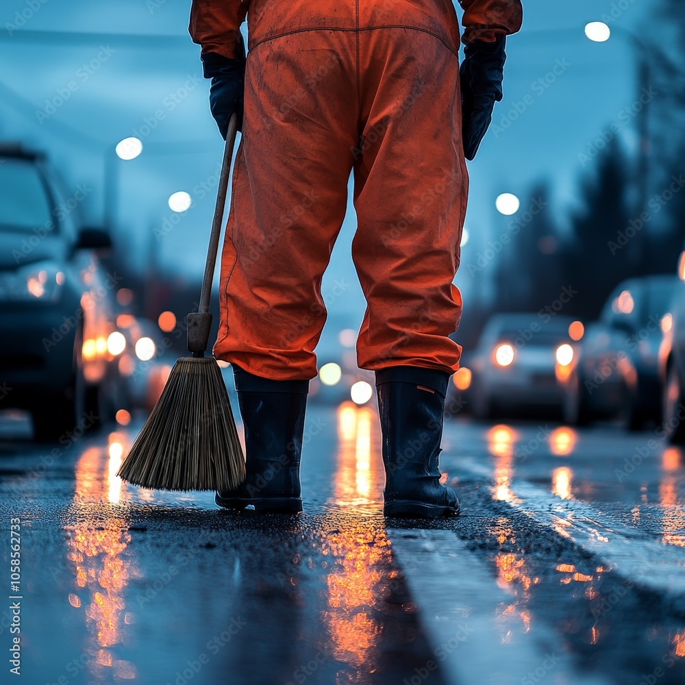 Obraz premium Night Road Maintenance: Worker Cleaning Streets in Orange Uniform