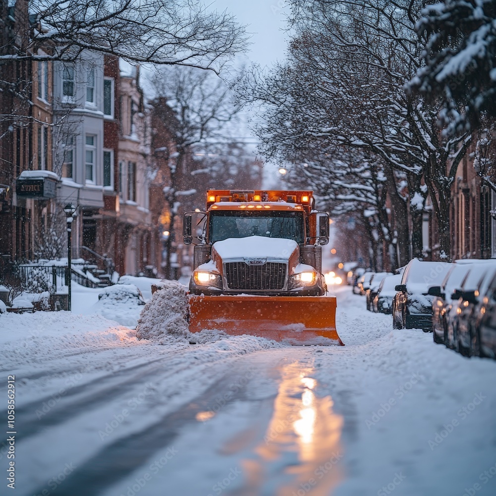 Snowplow Truck Removing Snow From City Street During Snowstorm Snowplow Truck Removing Snow From City Street During Snowstorm