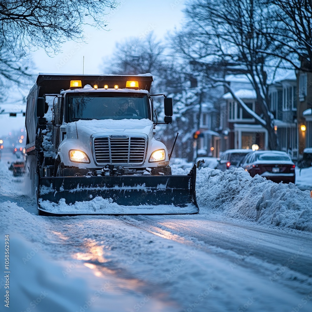 Snowplow Truck Removing Snow From City Street During Snowstorm
