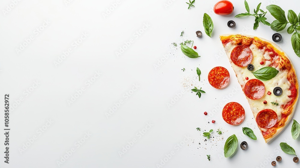 Tantalizing pizza slice with pepperoni, cheese, and herbs on a white background, perfect for Italian food lovers Tantalizing pizza slice with pepperoni, cheese, and herbs on a white background, perfect for Italian food lovers