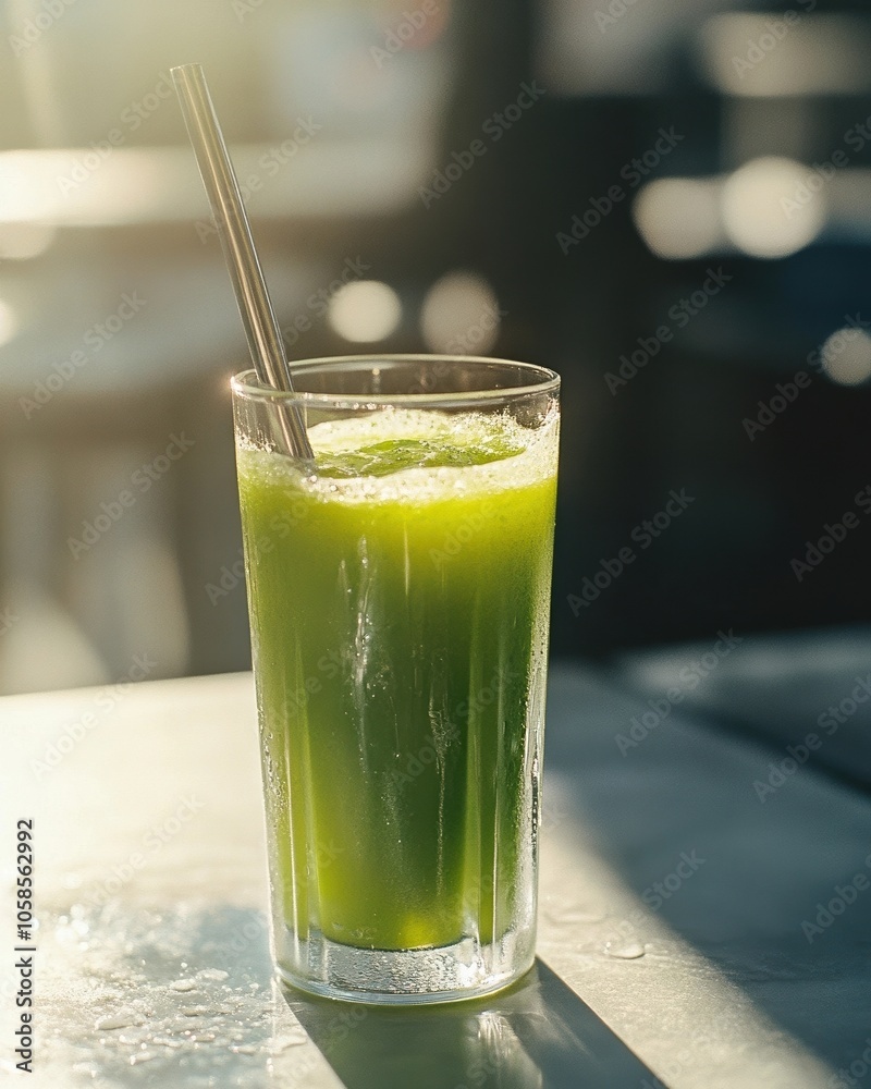 Glass of cold-pressed green juice for a refreshing and healthy drink Glass of cold-pressed green juice for a refreshing and healthy drink