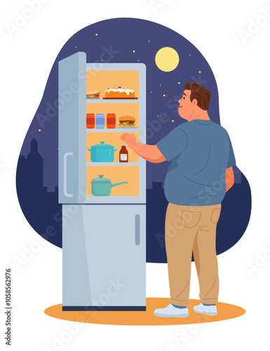 Eating disorder. A flat style illustration depicts a man standing in front of an open fridge at night