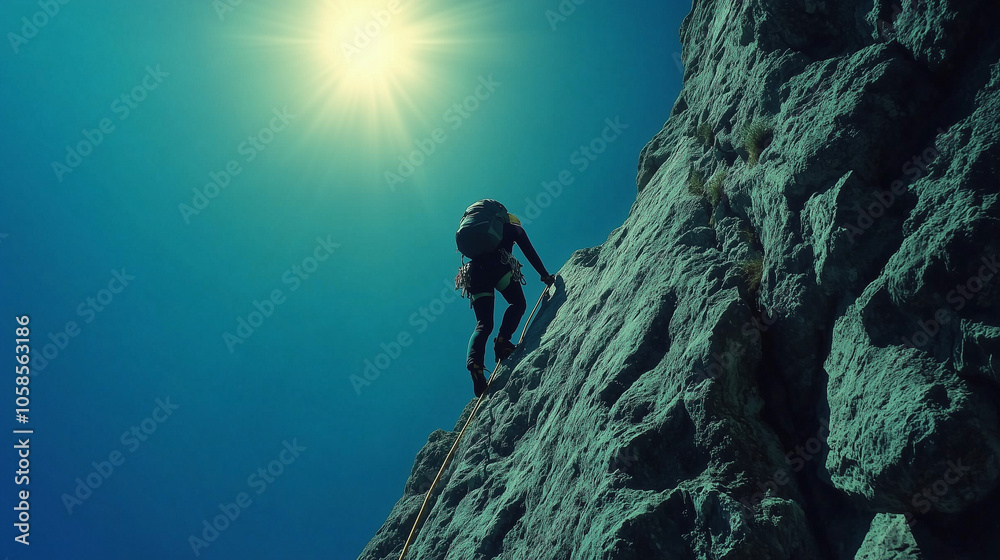 Brave Climber Ascends to the Mountaintop with Slow Motion Backlit Close-Up, Embodying Determination and Courage Brave Climber Ascends to the Mountaintop with Slow Motion Backlit Close-Up, Embodying Determination and Courage