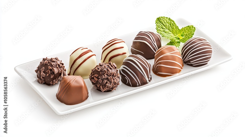 Plate of gourmet chocolate truffles on a white background, emphasizing texture and luxury in every bite Plate of gourmet chocolate truffles on a white background, emphasizing texture and luxury in every bite
