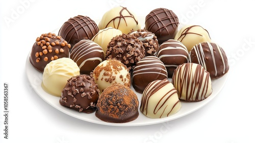 Plate of gourmet chocolate truffles on a white background, emphasizing texture and luxury in every bite