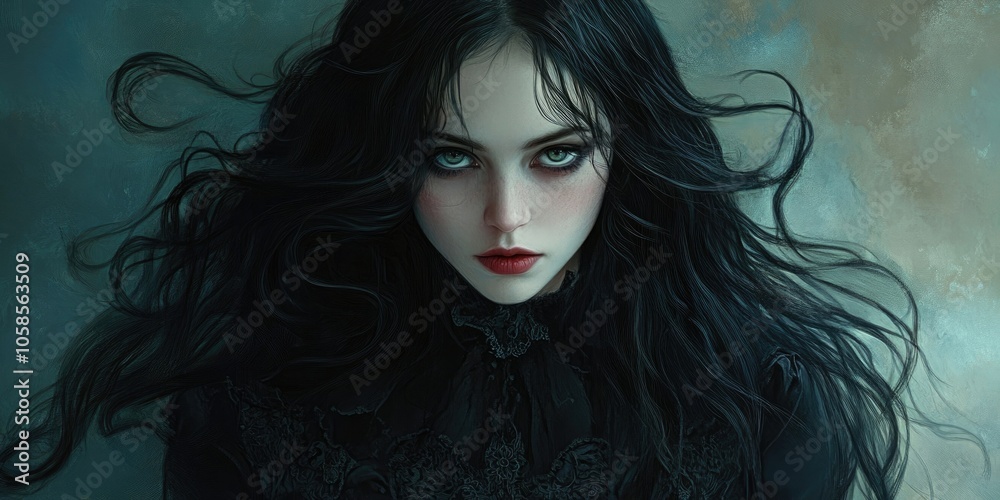 A Gothic woman featuring long, dark hair embodies the eerie charm of a Penny Dreadful aesthetic, capturing the essence of this unique and captivating style.