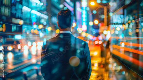 A businessman in a suit stands in a vibrant, neon-lit city at night, gazing towards blurred lights and futuristic cityscape reflections