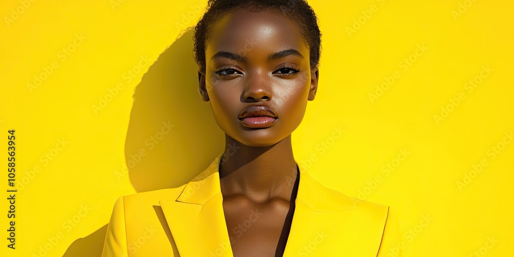 A close up portrait of a young African female wearing a yellow blazer, set against a bright yellow backdrop. The image highlights her vibrant attire and confident demeanor. A close up portrait of a young African female wearing a yellow blazer, set against a bright yellow backdrop. The image highlights her vibrant attire and confident demeanor.