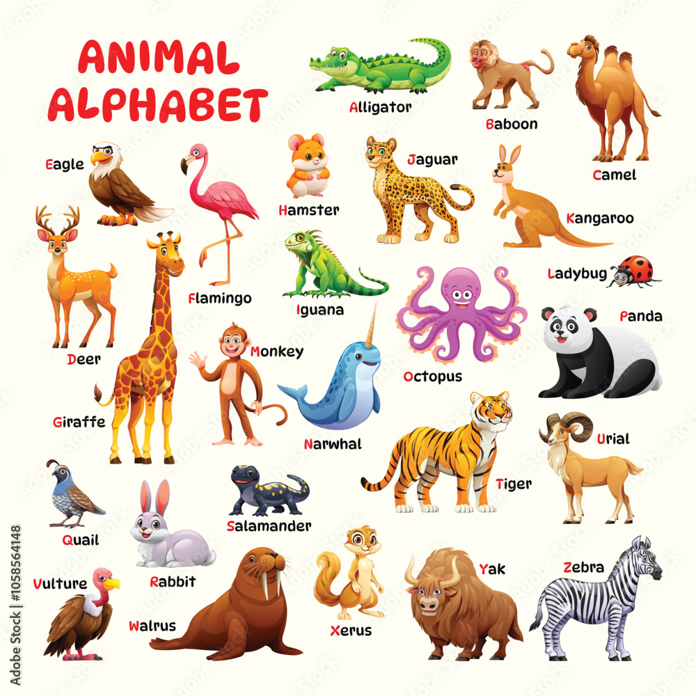Obraz premium Animal alphabet chart with cartoon animals from A to Z including alligator, eagle, giraffe, and zebra. Vector illustration