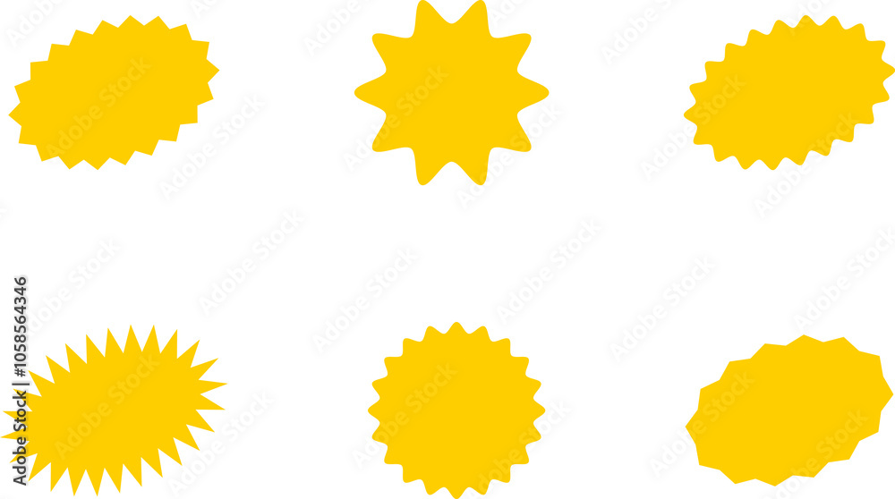 Starburst yellow sticker set - collection of special offer sale oval and round shaped sunburst labels and badges. Promo stickers with star edges. Starburst yellow sticker set - collection of special offer sale oval and round shaped sunburst labels and badges. Promo stickers with star edges.