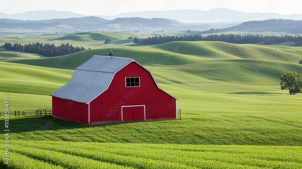 A picturesque red barn surrounded by lush green fields and rolling hills under a clear blue sky, symbolizing rural tranquility. A picturesque red barn surrounded by lush green fields and rolling hills under a clear blue sky, symbolizing rural tranquility.