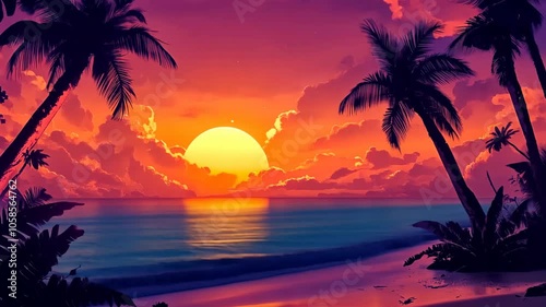 A vibrant sunset paints the sky with warm hues as palm trees sway gently on the beach