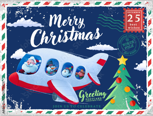 christmas greeting card with characters christmas santa claus pilot airplane penguin elf snowman