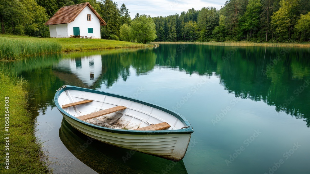 A serene lake scene featuring a small boat resting by the shore, surrounded by lush greenery and a peaceful house in the background. A serene lake scene featuring a small boat resting by the shore, surrounded by lush greenery and a peaceful house in the background.