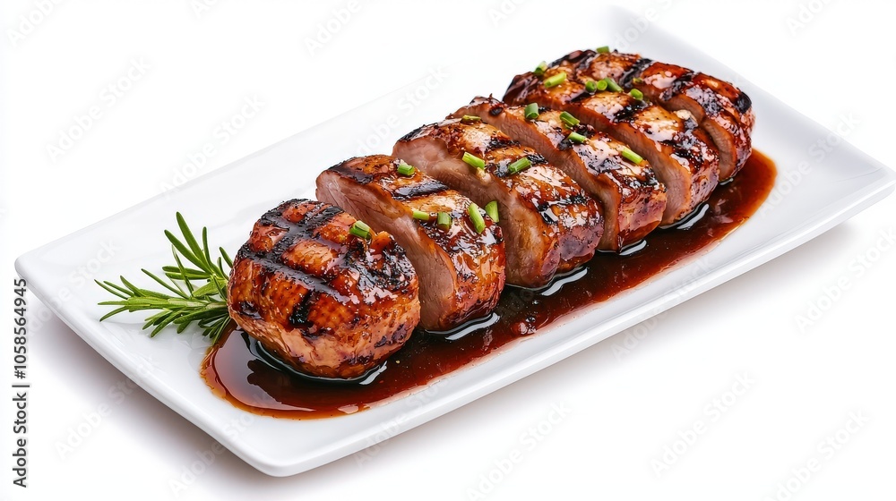 Sleek plate of gourmet duck breast with rich sauce on a white background, capturing the essence of fine dining Sleek plate of gourmet duck breast with rich sauce on a white background, capturing the essence of fine dining