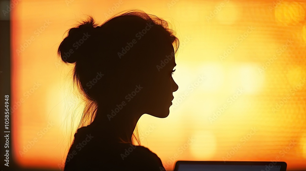 A woman is captured in silhouette against a glowing computer screen, highlighting the theme of technology. This image emphasizes the connection between women and technology, with ample copy space.