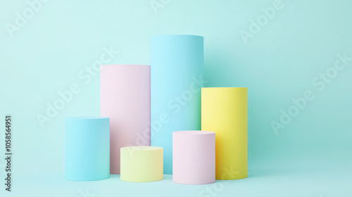 Cylinders podiums of pastel colours, clean blue background. Aesthetic product template. Generative AI