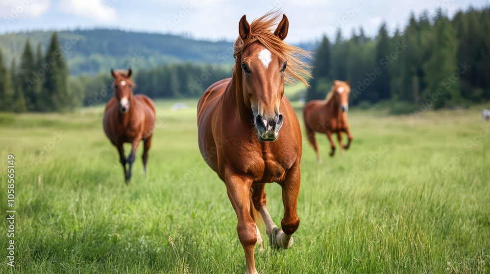 A stunning brown horse galloping through a vibrant green field, surrounded by nature and other horses in the background. A stunning brown horse galloping through a vibrant green field, surrounded by nature and other horses in the background.