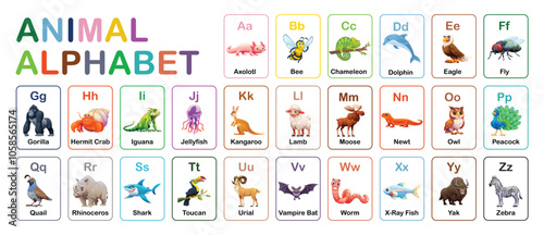 Alphabet cards with animals for each letter, including axolotl, bee, dolphin, and yak. Vector cartoon illustration