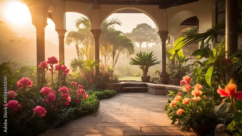 Naklejka premium A Serene Garden Pathway Surrounded by Vibrant Flowers at Dusk in a Tropical Setting
