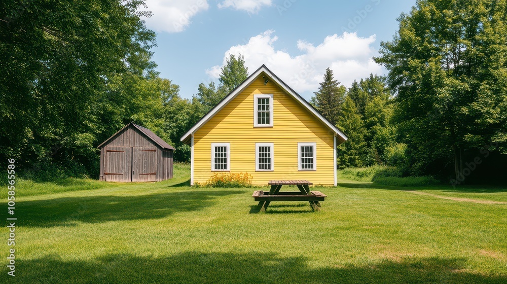 A vibrant yellow house surrounded by lush greenery and a clear blue sky, perfect for nature and architecture enthusiasts. A vibrant yellow house surrounded by lush greenery and a clear blue sky, perfect for nature and architecture enthusiasts.