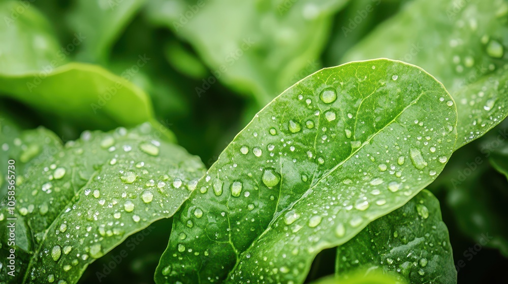 Close-up of fresh green spinach leaves adorned with droplets of water, showcasing vibrant texture and natural beauty. Close-up of fresh green spinach leaves adorned with droplets of water, showcasing vibrant texture and natural beauty.