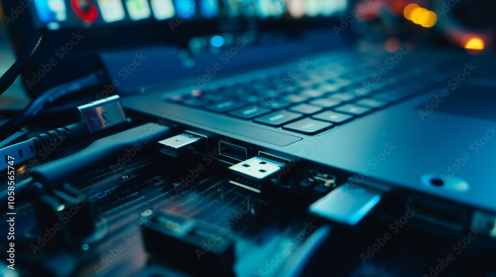 Sleek USB hub with multiple ports connected to various devices, showcasing modern design and functionality in a tech-focused setup. Sleek USB hub with multiple ports connected to various devices, showcasing modern design and functionality in a tech-focused setup.