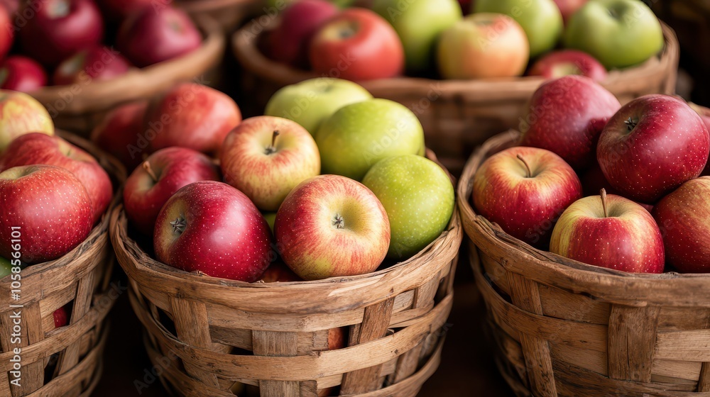 Freshly picked apples in rustic woven baskets, showcasing a variety of vibrant colors, perfect for health and food-related themes. Freshly picked apples in rustic woven baskets, showcasing a variety of vibrant colors, perfect for health and food-related themes.