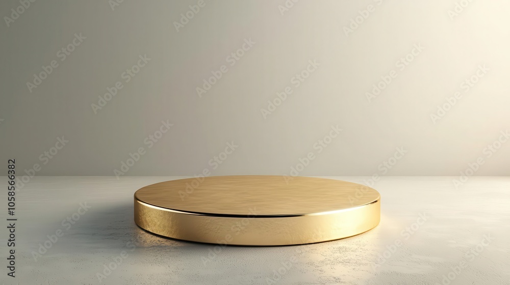 A sleek, circular golden platform sits on a smooth surface, illuminated by soft light, ideal for product display or creative design backgrounds. A sleek, circular golden platform sits on a smooth surface, illuminated by soft light, ideal for product display or creative design backgrounds.