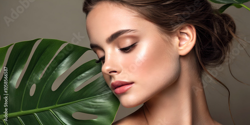 A Young Woman with a Delicate, Natural Beauty Adorned by a Lush Monstera Leaf