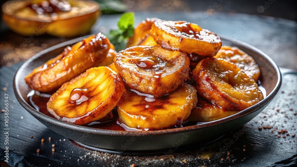 Experience the delightful crunch of crispy fried bananas generously coated in sweet syrup, an irresistible dessert treat that captivates with its vibrant colors and enticing focus. Experience the delightful crunch of crispy fried bananas generously coated in sweet syrup, an irresistible dessert treat that captivates with its vibrant colors and enticing focus.