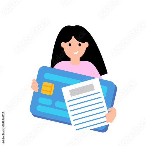 Woman holds a credit card and a document. Vector simple color flat illustration.